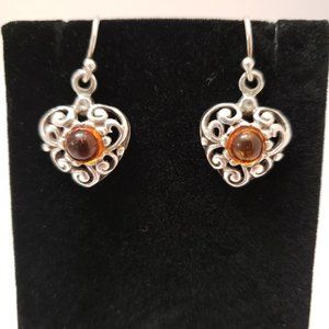 925 Sterling Silver Filigree Heart Shaped & Amber Cabochon Drop Pierced Earrings